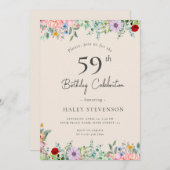 ワイルドフラワー素朴ボホ59th誕生日シンプルベージュ 招待状 (正面/裏面)