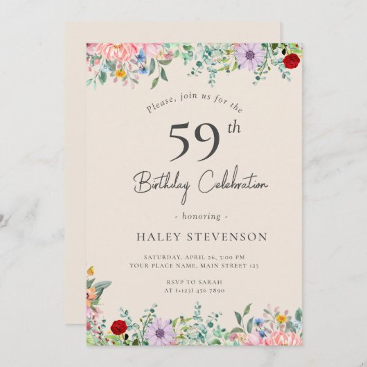 ワイルドフラワー素朴ボホ59th誕生日シンプルベージュ 招待状 (正面/裏面)