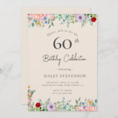 ワイルドフラワー素朴ボホ60誕生日ベージュシンプルー 招待状 (正面/裏面)