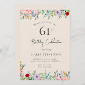 ワイルドフラワー素朴ボホ61番誕生日シンプルベージュ 招待状 (正面/裏面)
