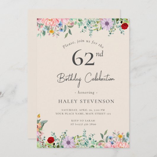 ワイルドフラワー素朴ボホ62番誕生日シンプルベージュ 招待状 (正面/裏面)