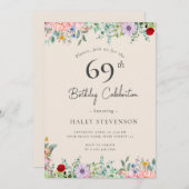 ワイルドフラワー素朴ボホ69th誕生日シンプルベージュ 招待状 (正面/裏面)
