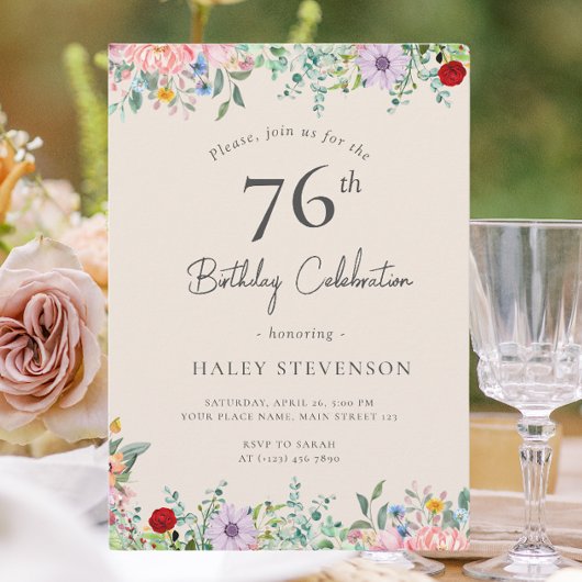 ワイルドフラワー素朴ボホ76th誕生日シンプルベージュ 招待状