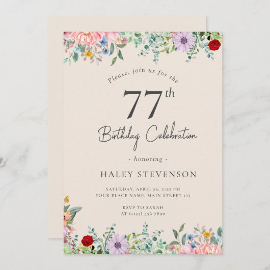 ワイルドフラワー素朴ボホ77番誕生日ベージュシンプル 招待状 (正面/裏面)