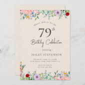 ワイルドフラワー素朴ボホ79th誕生日シンプルベージュ 招待状 (正面/裏面)