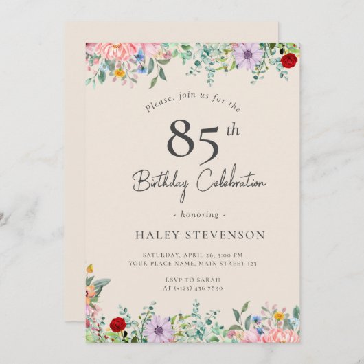 ワイルドフラワー素朴ボホ85番誕生日ベージュシンプル 招待状 (正面/裏面)