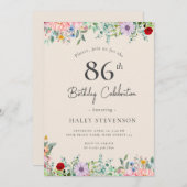 ワイルドフラワー素朴ボホ86th誕生日シンプルベージュ 招待状 (正面/裏面)