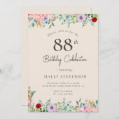 ワイルドフラワー素朴ボホ88誕生日ベージュシンプル 招待状 (正面/裏面)