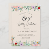 ワイルドフラワー素朴ボホ89th誕生日シンプルベージュ 招待状 (正面/裏面)