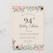 ワイルドフラワー素朴ボホ94th誕生日シンプルベージュ 招待状 (正面/裏面)