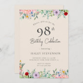 ワイルドフラワー素朴ボホ97th誕生日ベージュシンプルー 招待状 (正面/裏面)
