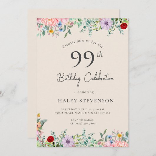 ワイルドフラワー素朴ボホ99誕生日ベージュシンプルー 招待状 (正面/裏面)