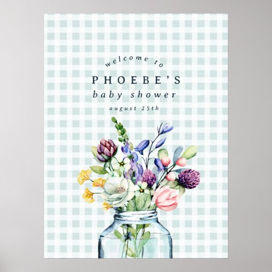 ワイルドフラワー素朴メイソンの瓶の赤ちゃんシャワーのサイン ポスター (正面)