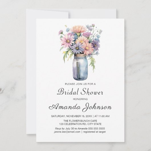 ワイルドフラワー素朴メイソンジャーブライダルシャワー 招待状 (正面)