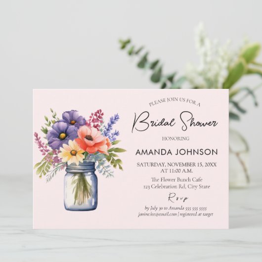 ワイルドフラワー素朴メイソンジャーブライダルシャワー 招待状 (スタンド正面)