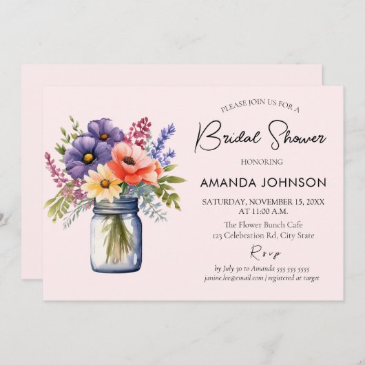 ワイルドフラワー素朴メイソンジャーブライダルシャワー 招待状 (正面/裏面)