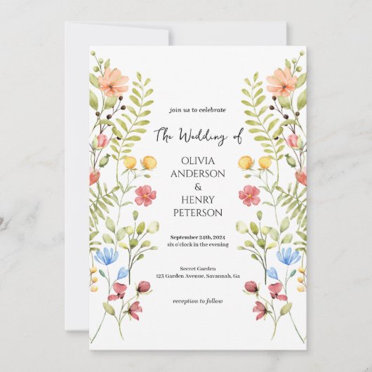 ワイルドフラワー素朴メドウガーデンQRコード結婚ズ 招待状 (正面)