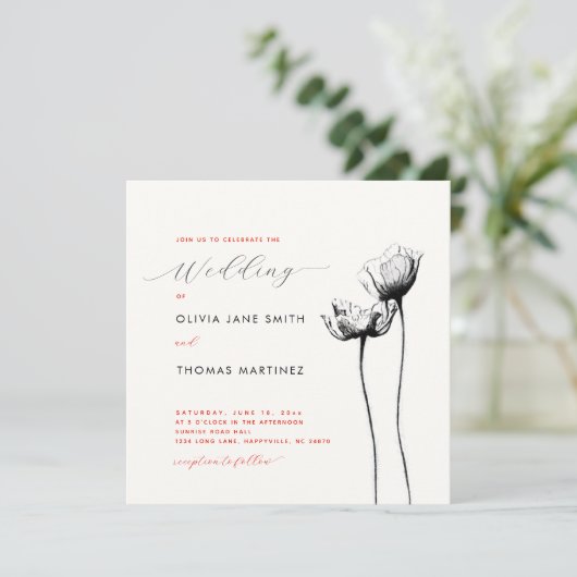 ワイルドフラワー素朴レッドオレンジポピーエレガントな結婚式 招待状 (スタンド正面)