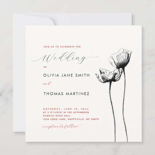 ワイルドフラワー素朴レッドオレンジポピーエレガントな結婚式 招待状 (正面)