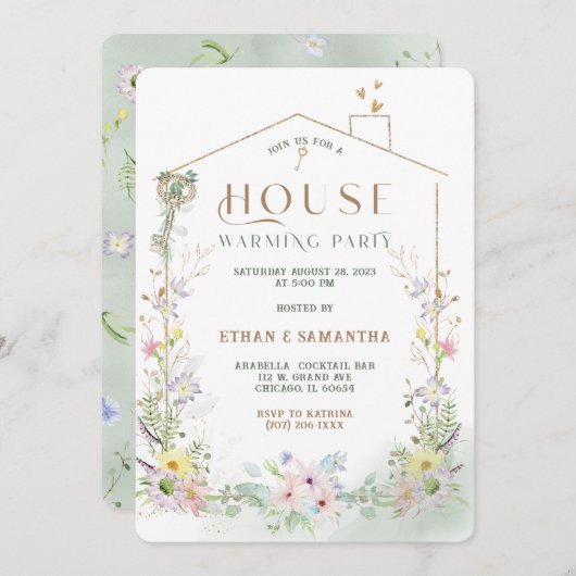 ワイルドフラワー素朴引っ越し祝いパーティーパーティーテンプレート 招待状 (正面/裏面)