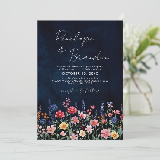 ワイルドフラワー素朴QRコードフローラネイビー結婚ズ 招待状 (スタンド正面)