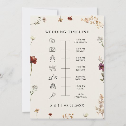 ワイルドフラワー結婚のウェルカムタイムラインアイコンカード 招待状 (裏面)