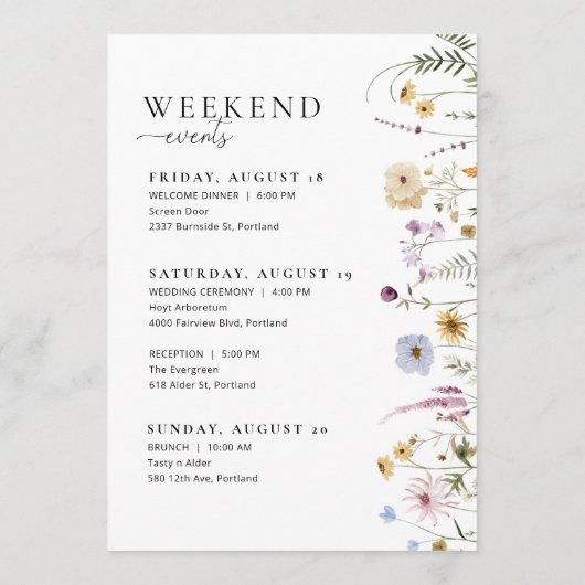 ワイルドフラワー結婚のウェルカムレターのタイムラインカード メニュー (裏面)