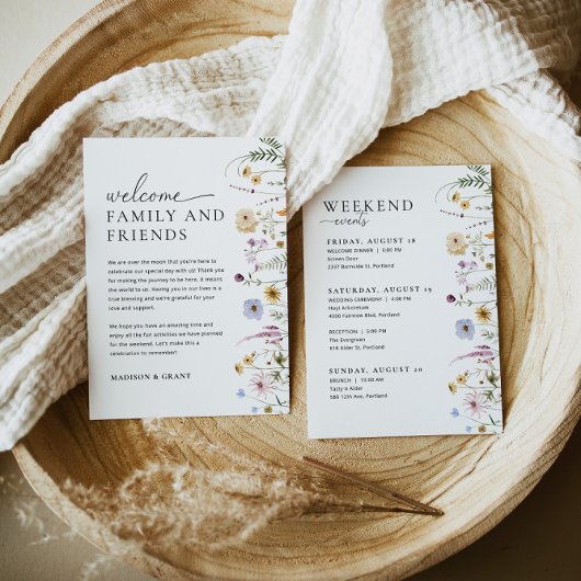 ワイルドフラワー結婚のウェルカムレターのタイムラインカード メニュー