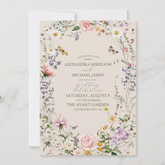 ワイルドフラワー結婚の国の素朴結婚式 招待状 (正面)