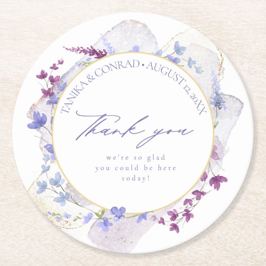 ワイルドフラワー結婚の水彩ありがとうご苦労ID954 ラウンドペーパーコースター (正面)