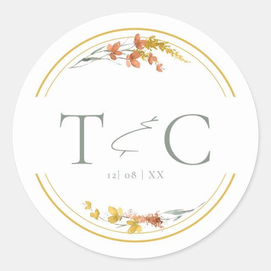 ワイルドフラワー結婚の水彩イニシャル金ゴールドID954 ラウンドシール (正面)