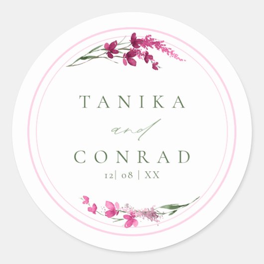 ワイルドフラワー結婚の水彩名明るい赤紫色ID954 ラウンドシール (正面)
