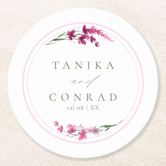 ワイルドフラワー結婚の水彩名明るい赤紫色ID954 ラウンドペーパーコースター (正面)