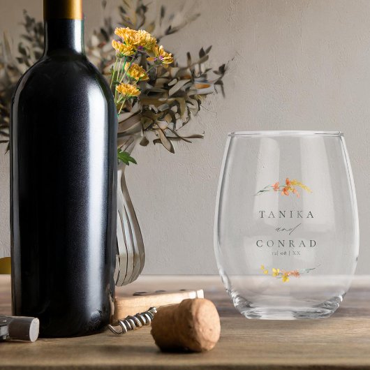 ワイルドフラワー結婚の水彩名金ゴールドID954 ステムなしワイングラス