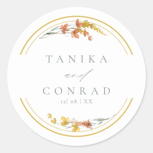 ワイルドフラワー結婚の水彩名金ゴールドID954 ラウンドシール (正面)