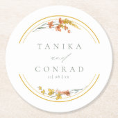 ワイルドフラワー結婚の水彩名金ゴールドID954 ラウンドペーパーコースター (正面)