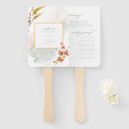 ワイルドフラワー結婚の水彩式金ゴールドID954 ハンドファン (正面&裏面)