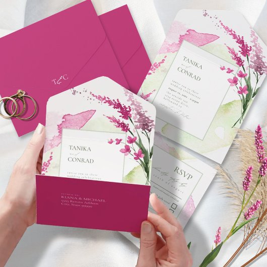 ワイルドフラワー結婚の水彩明るい赤紫色ID954 オールインワン招待状