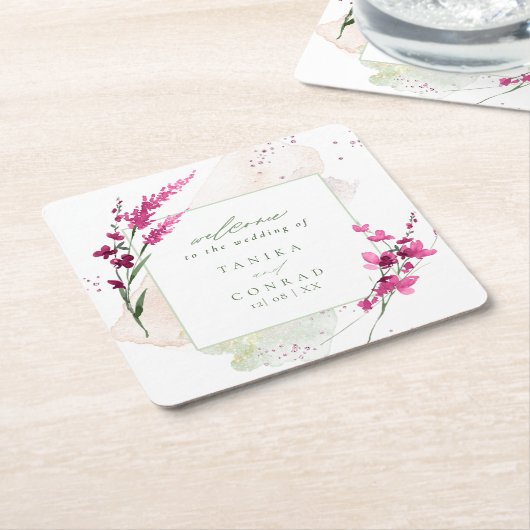 ワイルドフラワー結婚の水彩歓迎フェシアID954 スクエアペーパーコースター (アングル)