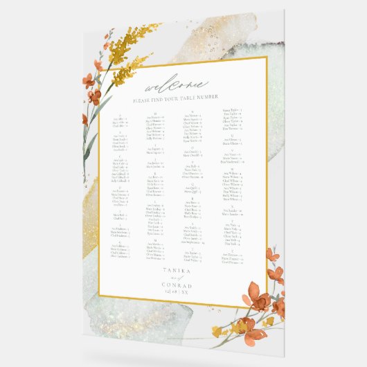 ワイルドフラワー結婚の水彩歓迎金ゴールドID954 アクリルサイン (傾斜)