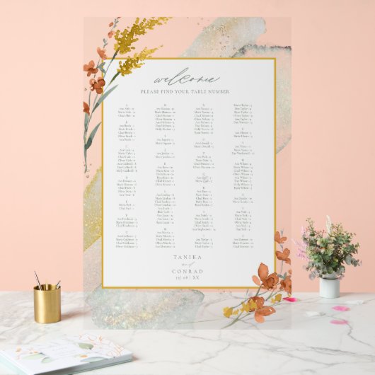 ワイルドフラワー結婚の水彩歓迎金ゴールドID954 アクリルサイン (ウェディング)