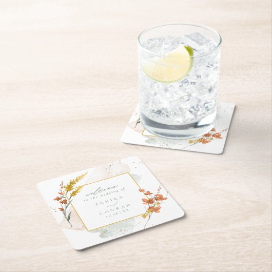 ワイルドフラワー結婚の水彩歓迎金ゴールドID954 スクエアペーパーコースター (インサイチュ)