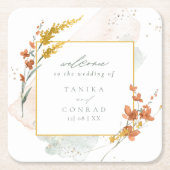 ワイルドフラワー結婚の水彩歓迎金ゴールドID954 スクエアペーパーコースター (正面)