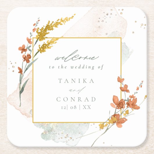 ワイルドフラワー結婚の水彩歓迎金ゴールドID954 スクエアペーパーコースター (正面)