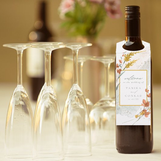 ワイルドフラワー結婚の水彩歓迎金ゴールドID954 ボトルネックタグ