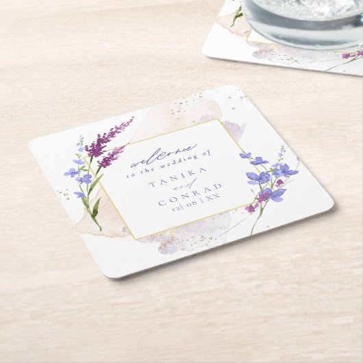 ワイルドフラワー結婚の水彩歓迎Peri ID954 スクエアペーパーコースター (アングル)