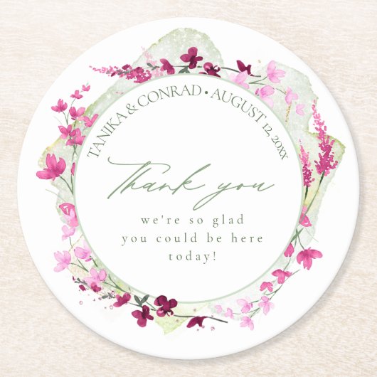 ワイルドフラワー結婚の水彩色ありがとうごきげんふさID954 ラウンドペーパーコースター (正面)