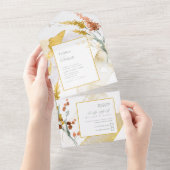 ワイルドフラワー結婚の水彩金ゴールドID954 オールインワン招待状 (貼ってはがせる)