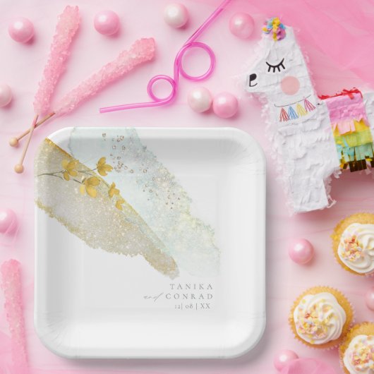 ワイルドフラワー結婚の水色絵を描Str金ゴールドID954 ペーパープレート (パーティー)