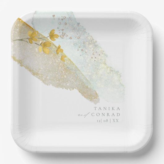 ワイルドフラワー結婚の水色絵を描Str金ゴールドID954 ペーパープレート (正面)